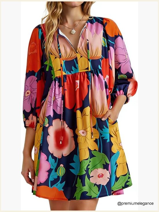 Dresses & Skirts - Floral Mini Babydoll Dress V Neck Puff Sleeve Loose Fit Boho Beach Sundress